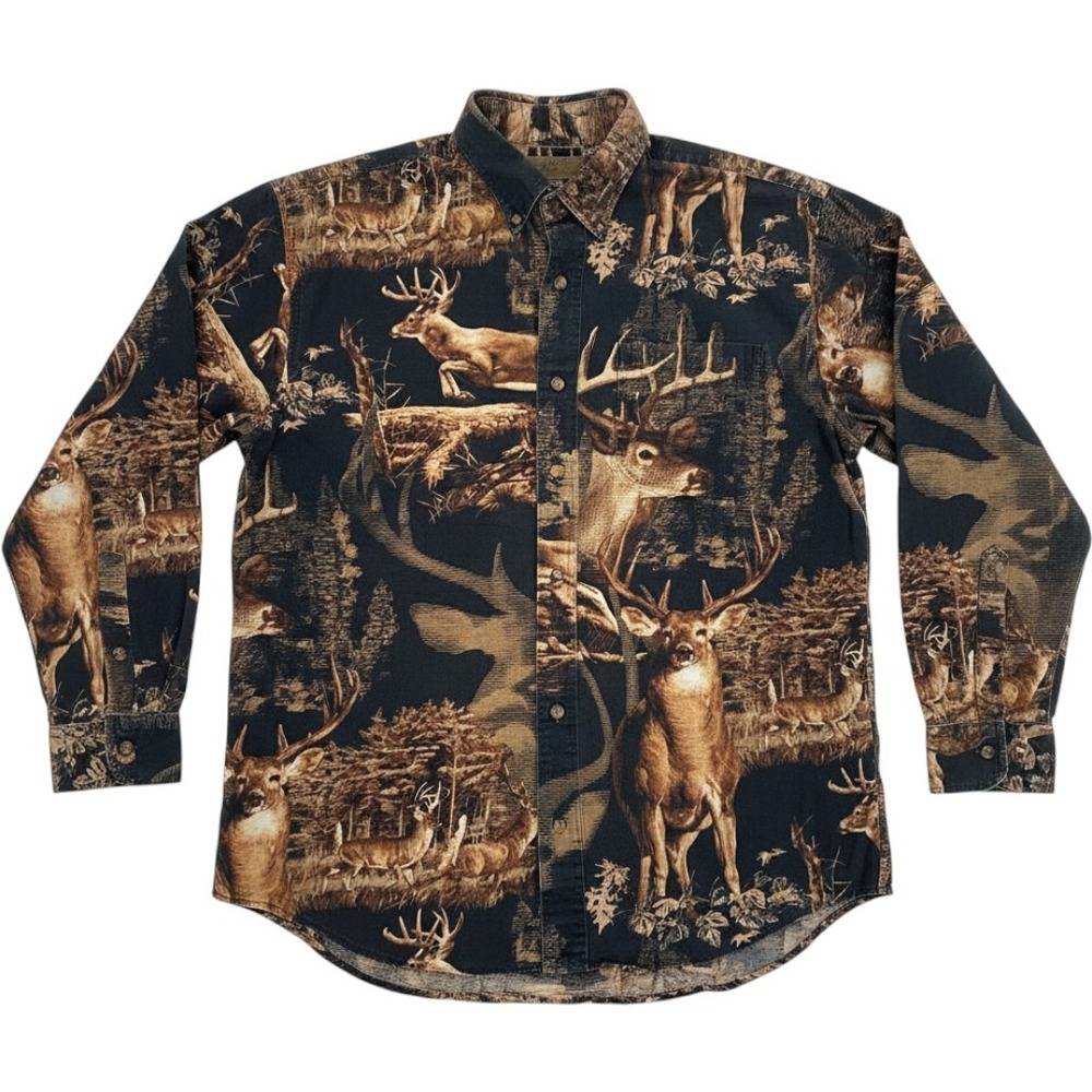 North River Wildlife Deer Buck Print Button Down Shirt Brown Black Medium